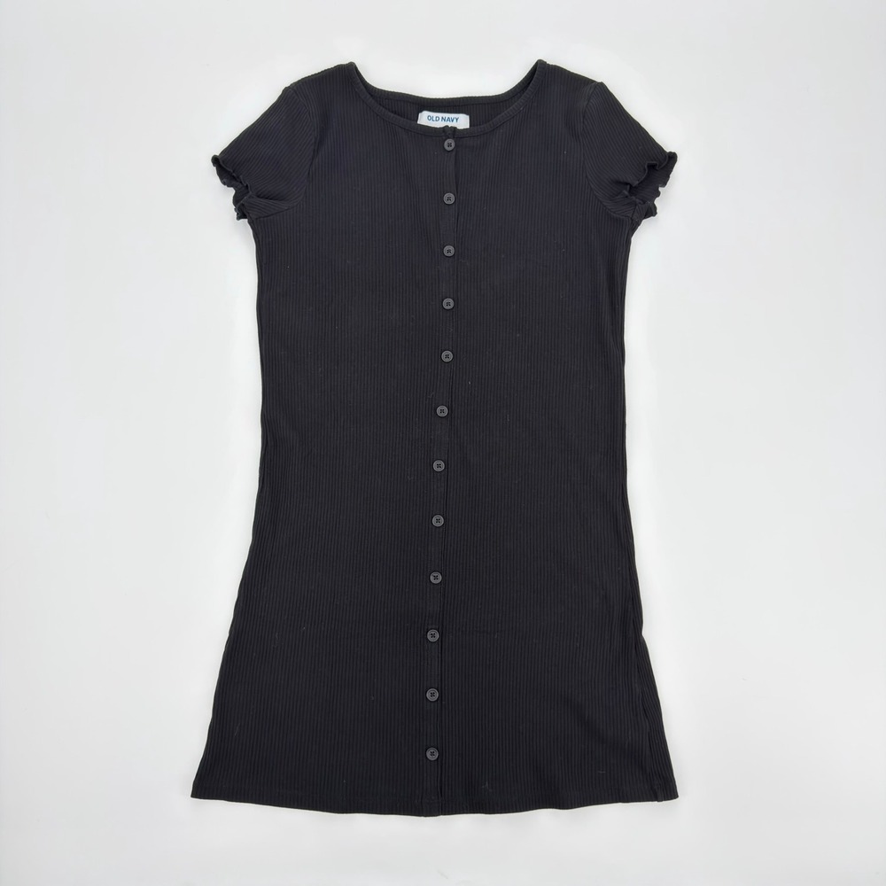 Old Navy Girls Black Ribbed Button Front Short Sleeve Dress Size L 10-12